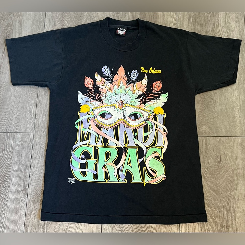 Vtg Mardi Gras New Orleans T-Shirt Large SCREEN STARS Single Stitch Black USA